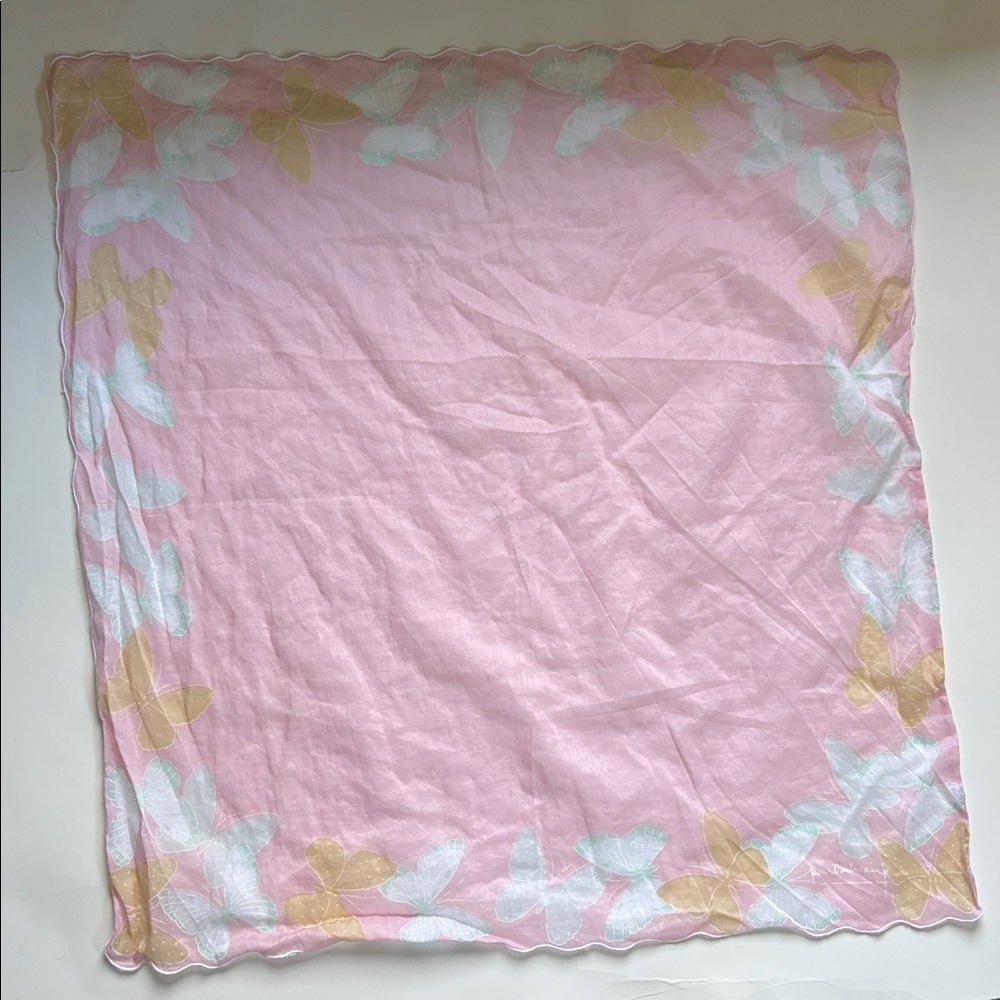 Vintage Pierre Balmain Paris Pink Butterfly Handkerchief 16x16.5 inches